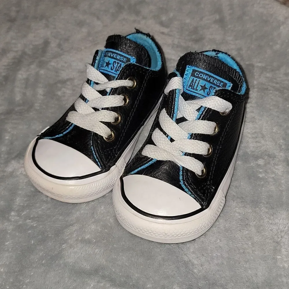 Converse All Stars Low Black Leather Blue Trim CTSA Shoes Baby Size 4